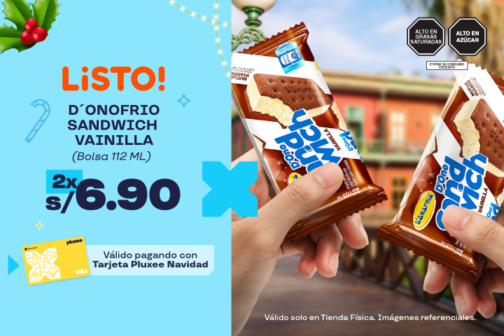 HELADO D'ONOFRIO SANDWICH DE VAINILLA BOLSA 112ML 2 X S/6.90.